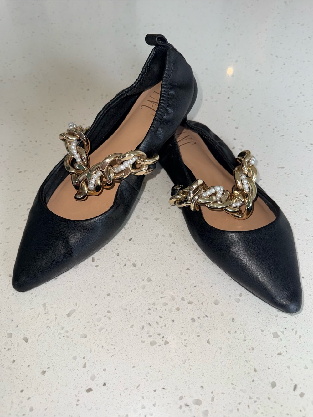 INC International Concepts Black Pointed Chain-Embellished Ballet Flats